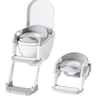 Toilettensitz Kinder mit Treppe, 2-in-1 Toilettentrainer für Kinder, WC Sitz mit PU Gepolsterter, Höhenverstellbar und Faltbar, Rutschfest mit Spritzschutz Toilettenaufsatz Kinder