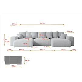 altdecor Ecksofa U-Form mit Schlaffunktion 3-Sitzer Grau