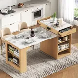 Ausziehbarer Esstisch Mdf/glas Natur/weiß 80x71-151x92 Cm Mit Steckdosenleiste Und Stauraum