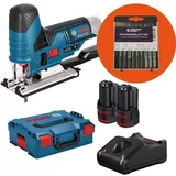 Bosch Akku-Stichsäge GST 12V-70 / 2x 2,0 Ah Akku + Ladegerät + WS24 Stichsägeblatt-Box 10tlg. Holz/Metall in L-Boxx