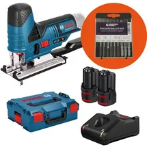 Bosch Akku-Stichsäge GST 12V-70 / 2x 2,0 Ah Akku + Ladegerät + WS24 Stichsägeblatt-Box 10tlg. Holz/Metall in L-Boxx