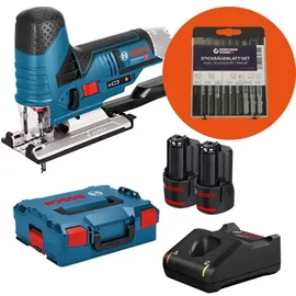 Bosch Akku-Stichsäge GST 12V-70 / 2x 2,0 Ah Akku + Ladegerät + WS24 Stichsägeblatt-Box 10tlg. Holz/Metall in L-Boxx
