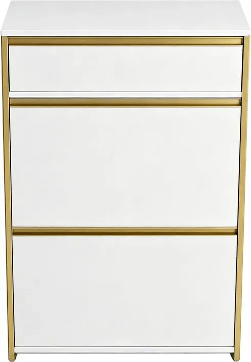 HaluPeit Schuhschrank mit 2 Klapptüren, Schuhregal, Schuhablage mit Schublade, schmaler Schuhschrank mit 4 Regalböden, verstellbar, für Flure und Flure, 60 x 24 x 104,5 cm, Weiß und Gold