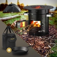 BBQ#BOSS Raketenofen mit Grillpfanne & Tragetasche, Schwarz, Campingkocher Holz mit Brennholzständer, Doppeltür, Camping BBQ Holzofen zum Kochen, Outdoor-Küche, Raketenherd für Dutch Oven Campinggrill