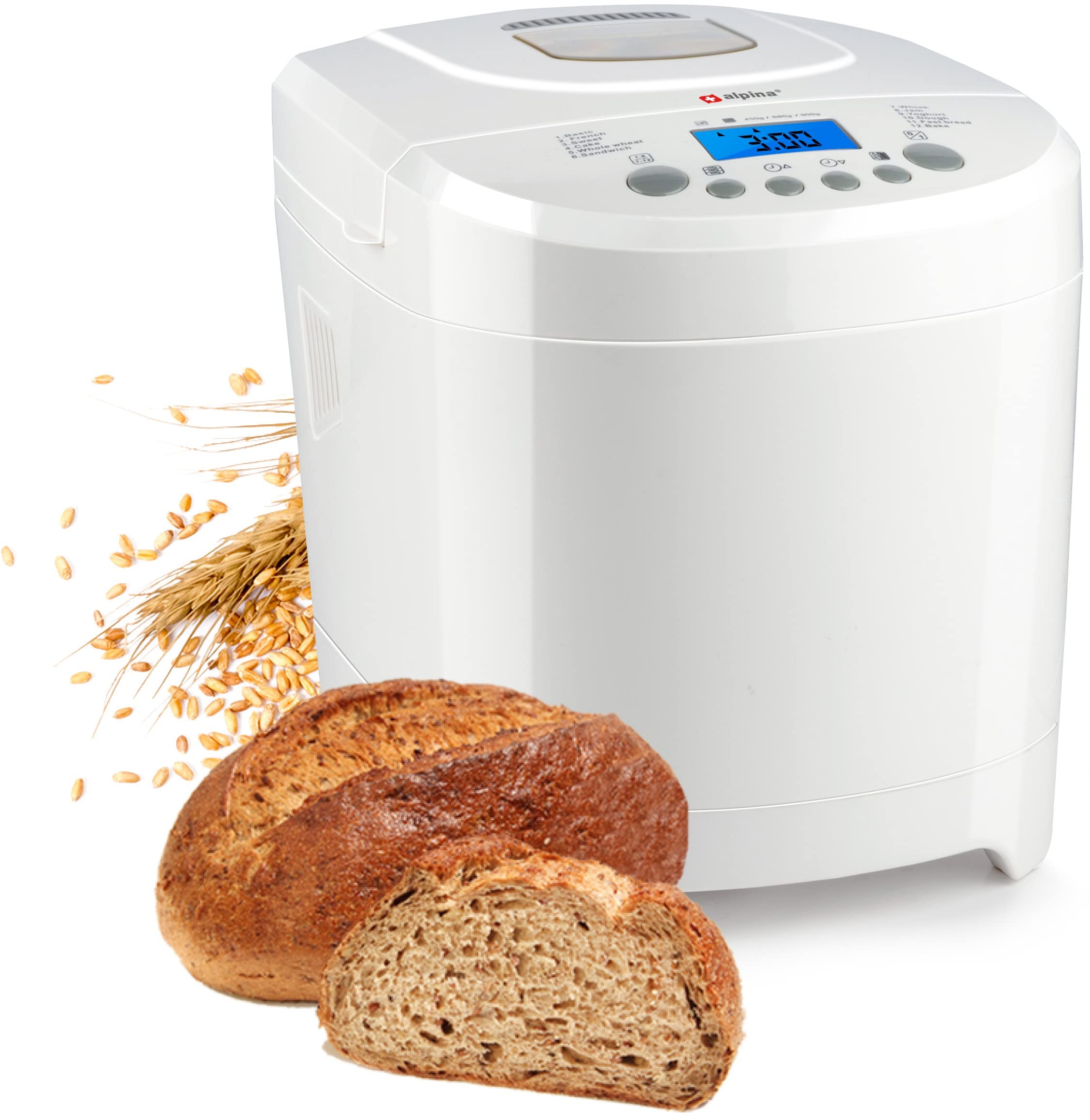 alpina Brotbackautomat - Brotbackmaschine - kleine bis große Brote: 450-680-900 Gramm - Timer - 12 Backprogramme - auch für Kuchen, Marmelade und Ketchup - 600W, Weiß