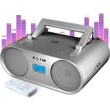 Klim Boombox B4 Radio mit CD Player + AM/FM Radio, MP3, Bluetooth, AUX, USB + tragbarer CD Spieler mit kabellosem Modus und aufladbaren Akku silber