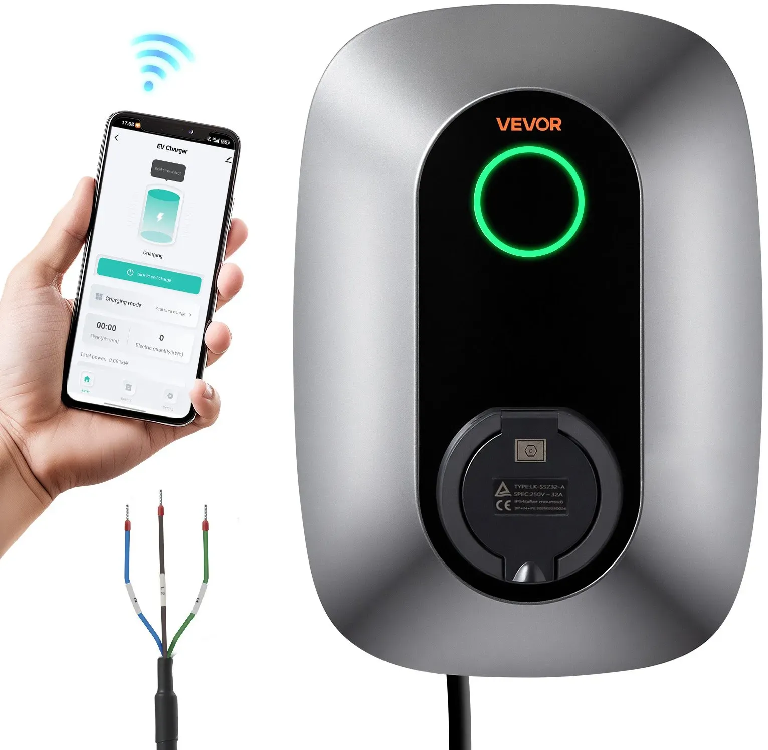 VEVOR Wallbox E-Auto-Ladestation 7 kW Einphasig 230 V AC Typ 2 IP54 32 A, EV-Charger für Alle Elektrofahrzeuge und Plug-in-Hybride, Intelligentes Autoladegerät mit App-Steuerung und LED-Anzeige