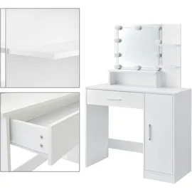 ML-Design Schminktisch Weiß mit Hocker, LED-Beleuchtung, Spiegel, Schublade, 3 Fächer, 90x38x137 cm, Kosmetiktisch aus MDF-Holz, Frisierkommode