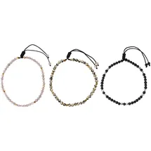 FIRETTI Fußketten Set "Schmuck Geschenk Körperschmuck Edelsteine", schwarz (silberfarben, gelbgoldfarben, schwarz, grau, schwarz, beige, grau, schwarz, beige), Fußketten, Damen, Baumwolle Messing, Baumwolle, Messing, mit Achat, Dalmatiner Jaspis, Onyx