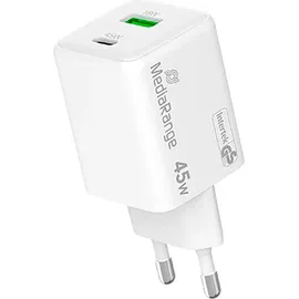 MediaRange 45W GaN Schnellladeadapter (EU-Stecker), 1x USB-C und 1x USB-A, unterstützt USB-C® Power Delivery und Quick ChargeTM, Weiß