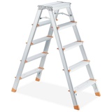Relaxdays Trittleiter, Aluminium, klappbar, 5 Stufen, Leiter bis 150 kg, beidseitig begehbar, Stehleiter, Silber/orange