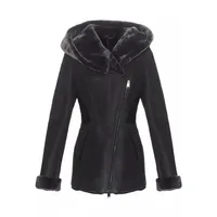 Hollert Damen Lammfelljacke Lena Winterjacke aus Merino Schaffell Echtleder mit Kapuze Größe XXL, Farbe Dunkelgrau - XXL
