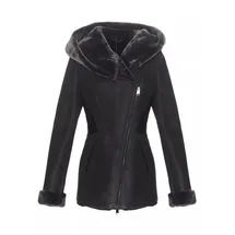Hollert Damen Lammfelljacke Lena Winterjacke aus Merino Schaffell Echtleder mit Kapuze Größe XXL, Farbe Dunkelgrau - XXL