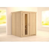 Woodfeeling Karibu Sauna Norin mit Fronteinstieg 68 mm-Ohne Ofen-ohne Dachkranz- Energiesparende Saunatür inkl. gratis Zubehörpaket (Gesamtwert 191,92€)