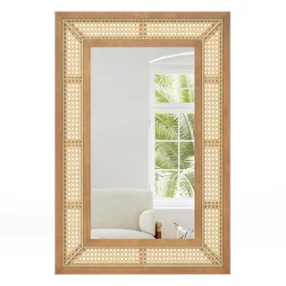 COSTWAY Rechteckiger Wandspiegel Rattan, 90 x 60 cm, dekorativer Spiegel mit Holzrahmen & Haken, horizontal oder vertikal, Dekospiegel Wandmontage, für Wohnzimmer, Schlafzimmer, Eingang, Natur