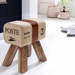 Hocker in Beige Braun Leder Leinen