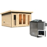 Woodfeeling Karibu Saunahaus Mainburg 2 mit Vorraum - 38 mmnaturbelassen Set C (Sauna B 1,34 x T 1,34 m mit 2 Liegen 57/52 cm) 9 kW Bio-Kombiofen inkl. Steuergerät inkl. 8-teiligem gratis Zubehörpaket (Gesamtwert 191,92€)