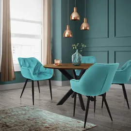 ML-Design Esszimmerstühle 4er Set Petrol, Küchenstuhl mit dickem Samtstoff gepolsterter Sitz, Metallbeinen, Wohnzimmerstuhl mit Rücken- und Armlehnen, Gesteppter Polsterstuhl Samt Blau