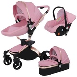 TPFLiving Luxus Kombi-Kinderwagen 3in1 Set - Modell 5 Kunstleder - Rosa