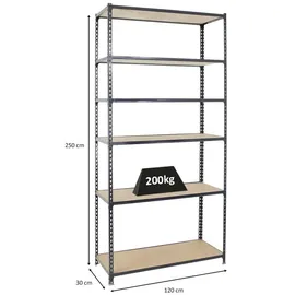 Proregal Schwerlastregal Metall 250x120x30 cm Anthrazit 6 Fachböden