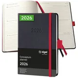 Sigel C2609 Wochenkalender 2026, ca. A6, schwarz, rot, Hardcover, 176 Seiten, Gummiband, Stiftschlaufe, Archivtasche, aus nachhaltigem Papier, Kalenderbuch Conceptum