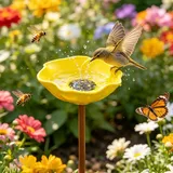 Vogeltränke Blume aus Metall, Vogeltränke Stehend Gartendeko Vogelbad Winterfest, Rostbeständig Blumen Gartenstecker Bienentränke Tränkstation, Wassertränke Insektentränke Garten Futterstation (Gelb)