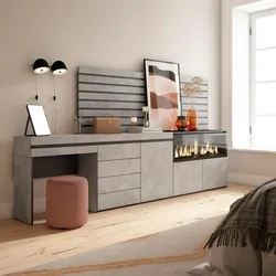 SKRAUT HOME Frisiertisch, Schminktisch, Ablage, 284x35x145 cm, Mit Schublade, Elektrokamin XXL, Kommode, Dekorplatten, Zementgrau - 454_64