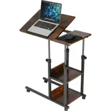 Relaxdays Laptoptisch, 63–90 cm höhenverstellbar, neigbar, Beistelltisch mit Rollen, 2 Ablagen, C-Form, braun/ schwarz