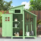 Gerätehaus Geräteschuppen mit sattelförmige Struktur PVC Dach, Gartenbox mit Fundament und 2 großen Stauraum Ablagen, Gartenbox wasserdicht Outdoor Schrank, Gartenhütte Gerätehäuser 124x46x174cm Grün