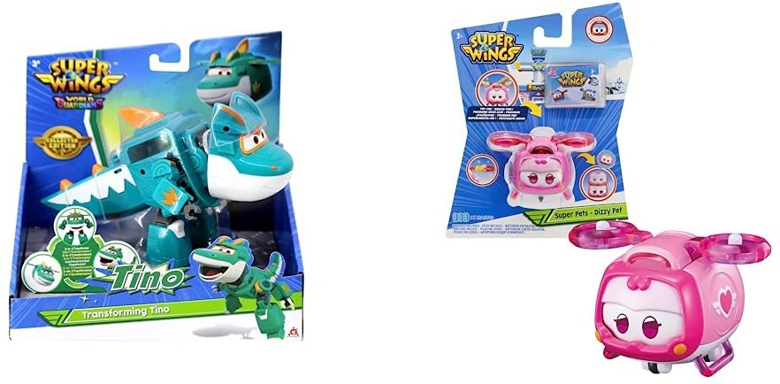Super Wings Tino Dinosaur 5' Transforming Character & Toys for 3 4 5 6 7 8 9 Year Old Boy Girl, Dizzy Super Pet w/Light Facial Expressions Interchanging Gift, Pink