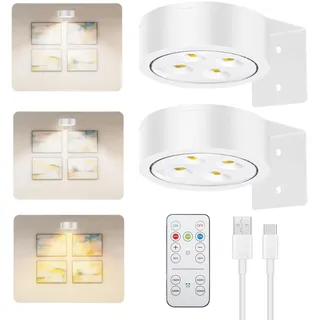 Bilderleuchte Kabellos, Dimmbare Bildbeleuchtung mit Fernbedienung & Timer, USB Aufladbar Bilderleuchte, Magnetisch LED Spot Akku für Vitrinenbeleuchtung Bildbeleuchtung Dart Beleuchtung (Weiß*2)