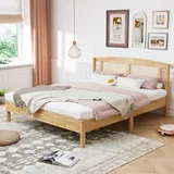 Doppelbett, Rattanbett, Jugendbett, Erwachsenenbett 160X200cm, Rattan-Netzkissen, mit 15 Lattenrosten und Mittelbeinen, Kiefer + PE-Rattan, natur