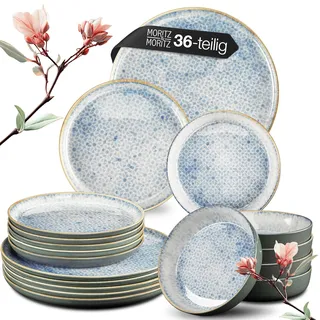 Moritz & Moritz TERRA 36-tlg Geschirrset 12 Personen - Teller Set in strahlendem Azurblau aus hochwertigem Porzellan - Geschirr Set 12 Personen aus je 12x Speiseteller, Dessertteller und Schalen