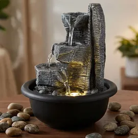 GLOBO Zimmerbrunnen Tischbrunnen mit Wasserfall LED Springbrunnen Deko Beleuchtung, Kunststoff schwarz grau, 3000k warmweiß, D 16 cm