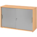 bümö Schiebetürenschrank 2OH - Aktenschrank abschließbar, Sideboard Schrank mit Schiebetüren in Buche/Silber, Streifengriff - Büroschrank aus Holz