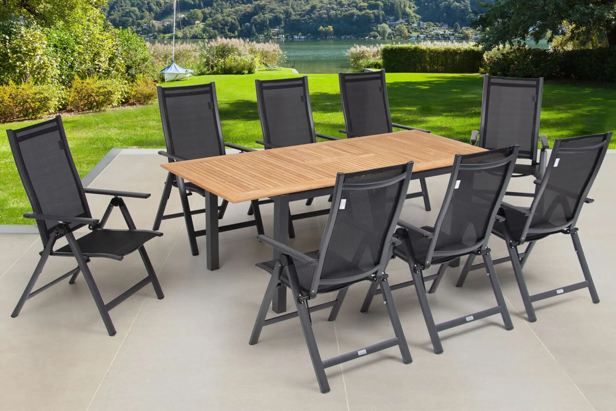 OUTFLEXX Garten-Essgruppe, OUTFLEXX® anthrazit matt, Alu / Teak / Textil, Ausziehtisch 150/210 x 90 cm, 8 Multipositionssessel