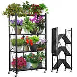 REAWOW Metall Gestell Pflanzenregal 4-Tier mit Rädern Keine Installation Blumenständer, Metall Pflanzenregal Klappbares Blumenregal