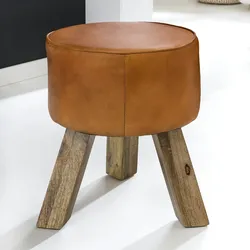 Kadima Design Country-Stil Sitzhocker, Ziegenleder, Holzgestell, 45 cm - Robust & Handgefertigt. 37x37x45 cm