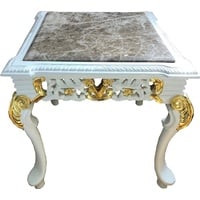 Casa Padrino Beistelltisch Barock Beistelltisch Weiß / Gold / Grau - Handgefertigter Massivholz Tisch mit Marmorplatte - Barock Möbel