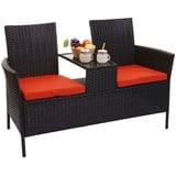 Poly-Rattan Bank mit Tisch HWC-E24, Sitzbank, 132cm, schwarz, Kissen terrakotta