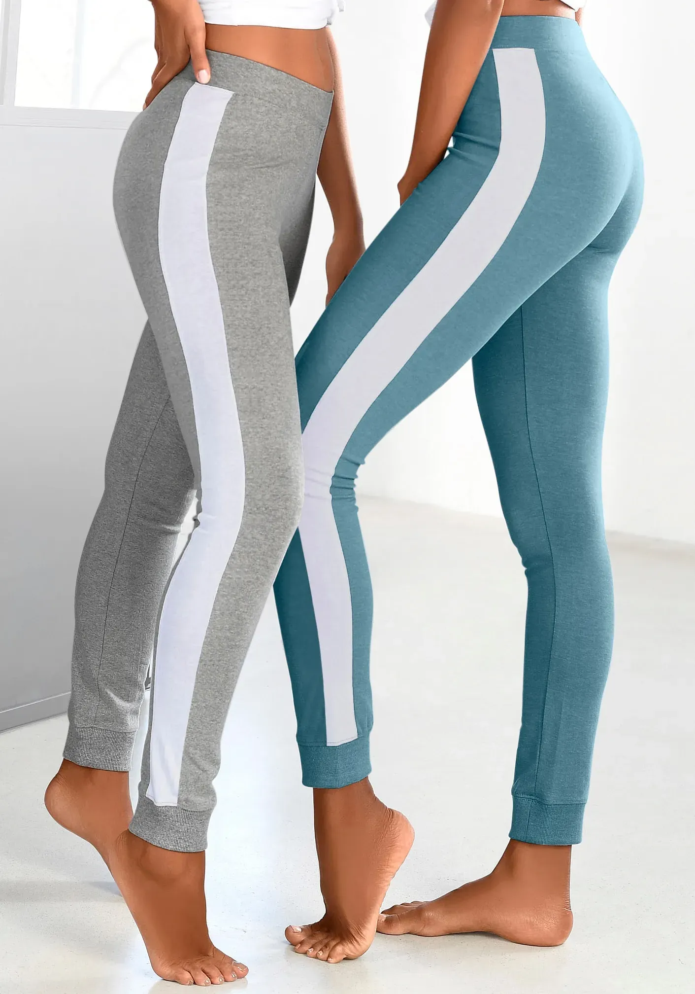 Leggings ARIZONA, Damen, Gr. 36/38, N-Gr, blau (hellpetrol), Strick, Graumeliert (Obermaterial): 85% Baumwolle, 10% Polyester, 5% Elasthan. Obermaterial: 55% Baumwolle, 40% Polyester, 5% Elasthan, unifarben mit Farbeinsatz, Basic, bequem lang, Hosen Leggings, mit breitem Streifen