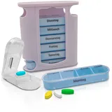 Nestor&Gamble Tablettenbox 7 Tage I Pillenbox mit 4 Fächern für morgens, mittags, abends & nachts I Praktische Wochen-Tablettenbox inkl. Tablettenteiler I Tablettenturm 7 Tage I Doppelpack I Blau/Weiß