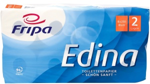 Fripa Edina Toilettenpapier, 2-lagig, Aus 100% chlorfrei gebleichtem Zellstoff, hochweiß, 1 Paket = 8 Packungen à 8 x 250 Blatt