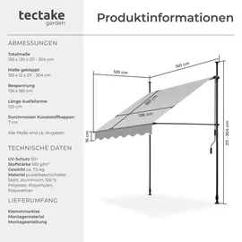 Tectake tectake® Klemmmarkise, mit Handkurbel, höhenverstellbar - 304 cm, einfache Montage