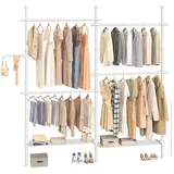 SONGMICS Teleskopstange Kleiderständer, 3-stufige Garderobe, höhen- und breitenverstellbar, offener Kleiderschrank mit 4 Kleiderstangen und 2 abnehmbaren Ablagen, Greifarm, mattweiß HSR154W01