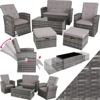 tectake® Balkon Lounge Sitzgruppe für 6 Personen, 2 gemütliche Sessel, 2 Hocker, 1 Couch, 1 Tisch mit Glasplatte, Poly Rattan Geflecht, Gartenmöbel Set, Balkonmöbel, Loungemöbel wetterfest - grau