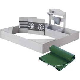 roba Sandkasten aus Holz mit Matschküche Abdeckplane Grau lasiert