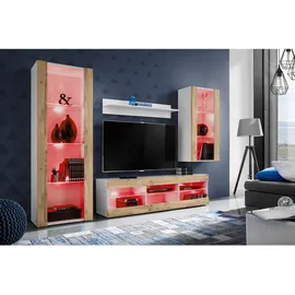 komodee Wohnzimmerset, Weiß, Eiche Wotan, Holzwerkstoff, 8 Fächer, Rechteckig, 245x159x35 cm, Wohnzimmer, Wohnwände, Wohnwand-Sets