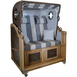 Strandkorb-King Strandkorb Teak grau schwarz / cremeweiß Stoff 2 Sitzer Voll-Liegemodell,