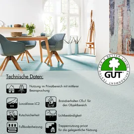 Andiamo Teppichboden ANDIAMO "Verona, Velours, Gesamthöhe 6 mm, Luxusklasse LC2", blau (türkis), B:500cm L:400cm, Kunstfaser, Teppiche, Uni Farben, Breite 400 cm oder 500 cm, strapazierfähig, pflegeleicht